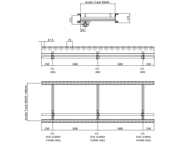 Aluminium Lineshaft Conveyor – XU60/90 – 75mm Pitch Technical Drawing