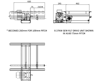 Aluminium Lineshaft Powered Roller Conveyor – Geared Motor Drive Unit Technical Drawing