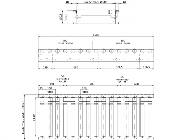 Painted Steel 24V Motorised Roller Conveyor ‘O’ Ring – 100mm Pitch Technical Drawing