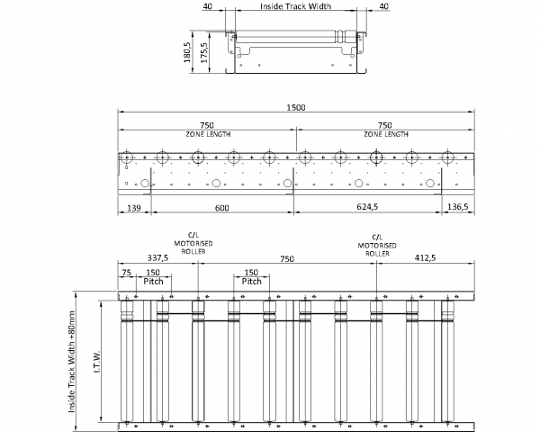 Painted Steel 24V Motorised Roller Conveyor ‘O’ Ring – 150mm Pitch Technical Drawing