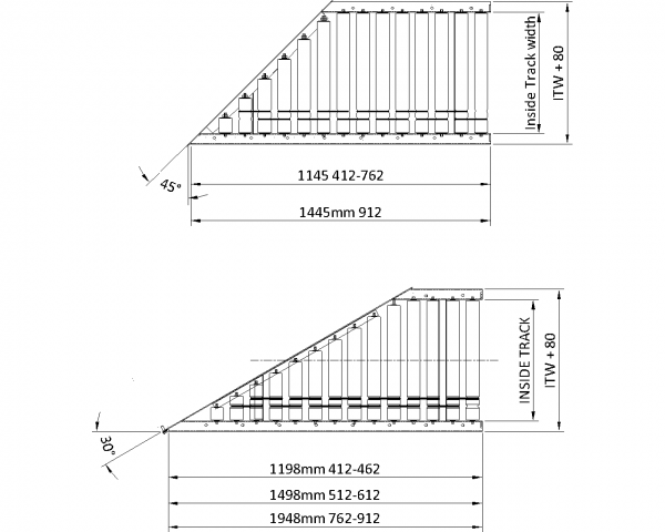 Painted Steel 24V Motorised Roller Conveyor ‘O’ Ring – 45° Mitre Section Technical Drawing