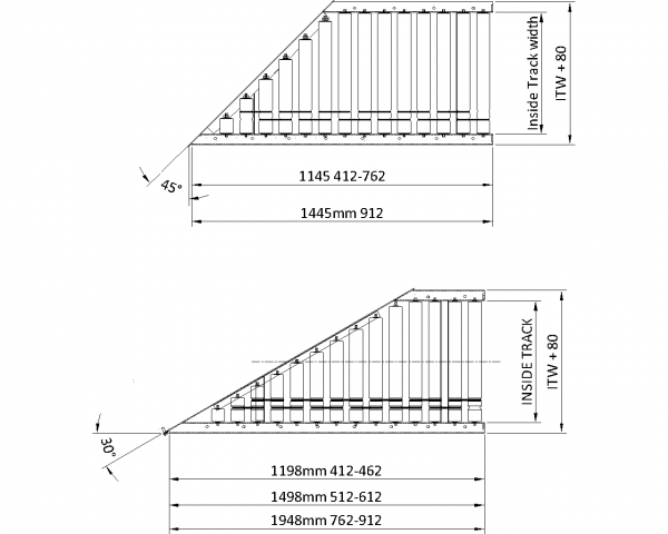 Painted Steel 24V Motorised Roller Conveyor ‘O’ Ring – 30° Mitre Section Technical Drawing