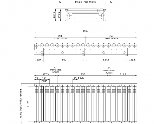 Painted Steel 24V Motorised Roller Conveyor ‘O’ Ring – 75mm Pitch Technical Drawing