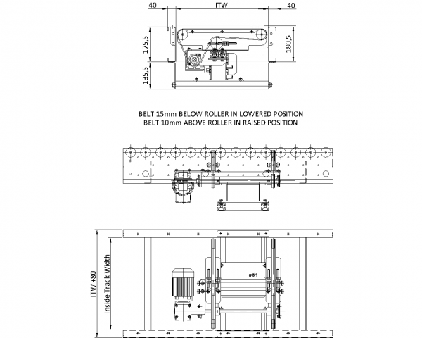 Painted Steel 24V Motorised Roller Conveyor ‘O’ Ring – Belt Transfer Unit Technical Drawing