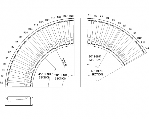 Painted Steel 24V Motorised Roller Conveyor ‘O’ Ring – Bend Technical Drawing