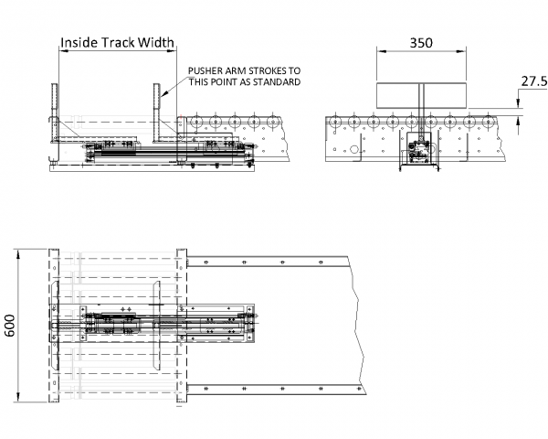 Painted Steel 24V Motorised Roller Conveyor ‘O’ Ring – Pusher Unit Technical Drawing