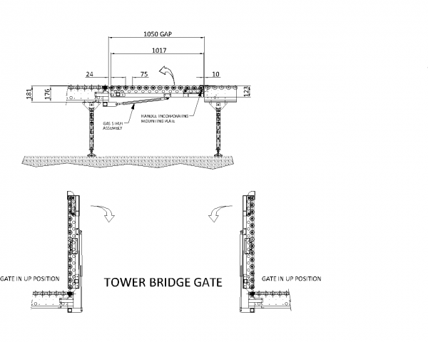 Painted Steel Gravity Roller Conveyor – Lift Up Gate Section XU60 PF1 Technical Drawing
