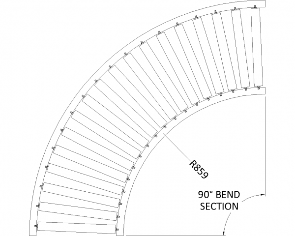 Painted Steel Gravity Roller Conveyor – Bend XU60 PF1 Technical Drawing