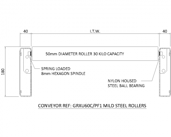 Painted Steel Gravity Roller Conveyor – XU60 PF1 Technical Drawing