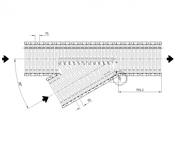 Painted Steel Powered Roller Lineshaft Conveyor – 30° Merge Unit Technical Drawing