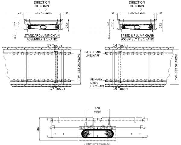 Painted Steel Powered Roller Lineshaft Conveyor – Jump Chain Assembly Technical Drawing