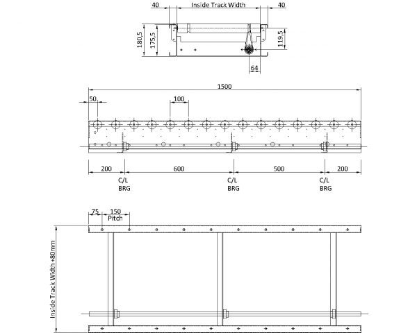 Painted Steel Powered Roller Lineshaft Conveyor – XU60/90 – 100mm Pitch Technical Drawing