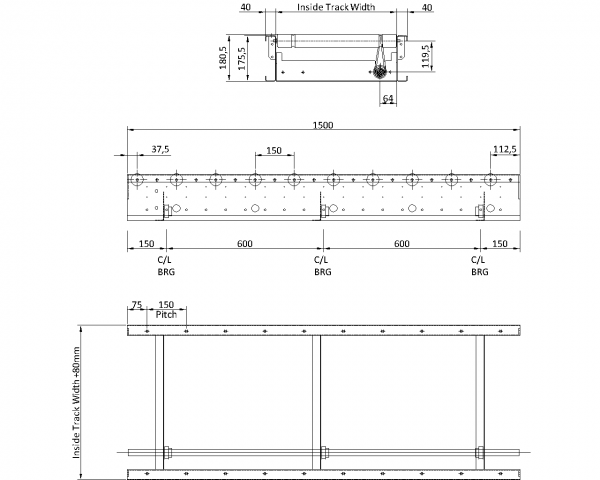 Painted Steel Powered Roller Lineshaft Conveyor – XU60/90 – 150mm Pitch Technical Drawing