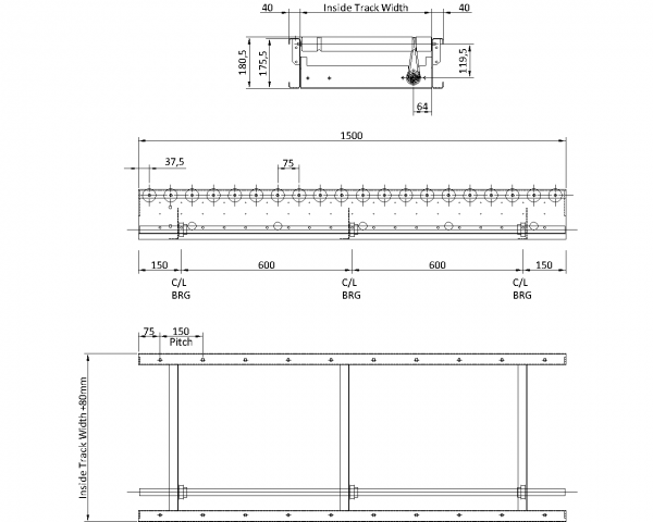 Painted Steel Powered Roller Lineshaft Conveyor – XU60/90 – 75mm Pitch Technical Drawing