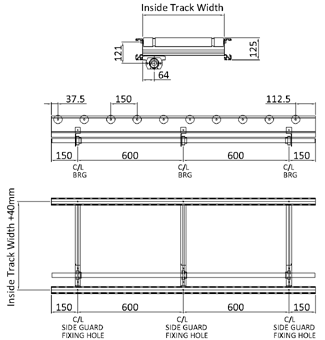 Aluminium Lineshaft Powered Roller Conveyor – XU60/90 – 150mm Pitch Technical Drawing