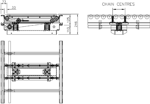 Aluminium Lineshaft Powered Roller Conveyor – Vertical Lift Chain Transfer Unit Technical Drawing