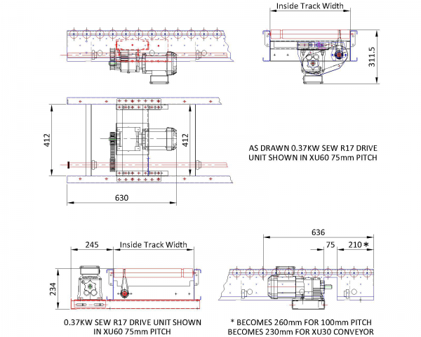 Painted Steel Lineshaft Powered Roller Conveyor – Geared Motor Drive Unit Technical Drawing