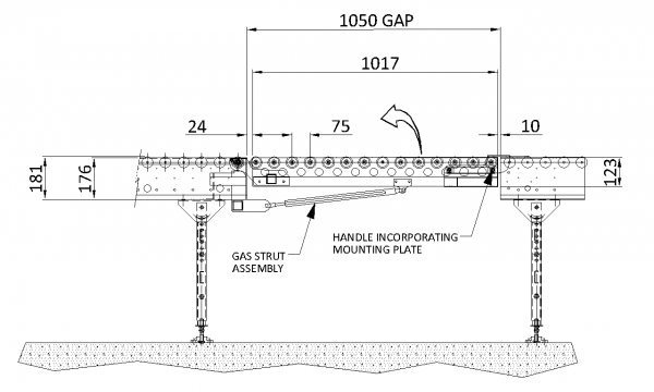 Painted Steel Powered Roller Lineshaft Conveyor – Lift-Up Gate Section Technical Drawing