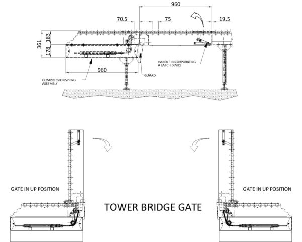 Painted Steel Gravity Roller Conveyor – Lift Up Gate Section XU60 PF1 Technical Drawing