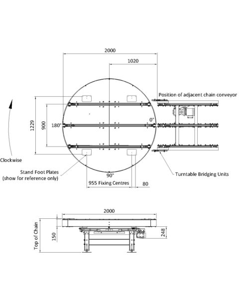 Painted Steel Pallet Handling Conveyor – Chain Turntable Technical Drawing