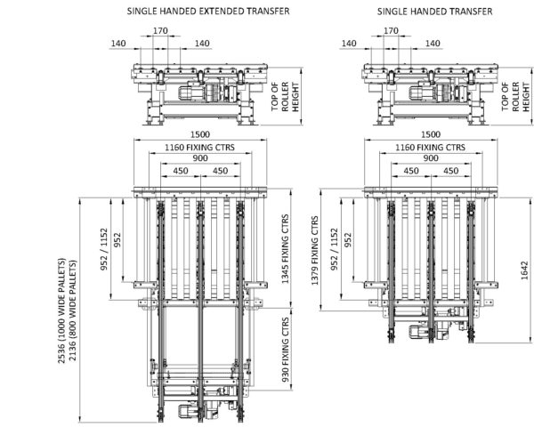 Painted Steel Pallet Handling Conveyor – Single Chain Transfer Technical Drawing