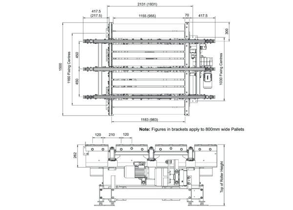 Painted Steel Pallet Handling Conveyor – Centre Chain Transfer Technical Drawing