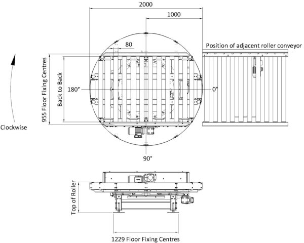 Painted Steel Pallet Handling Conveyor – Roller Turntable Technical Drawing