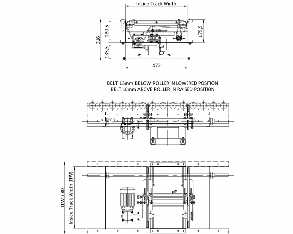 Painted Steel Powered Roller Lineshaft Conveyor – Belt Transfer Unit Technical Drawing
